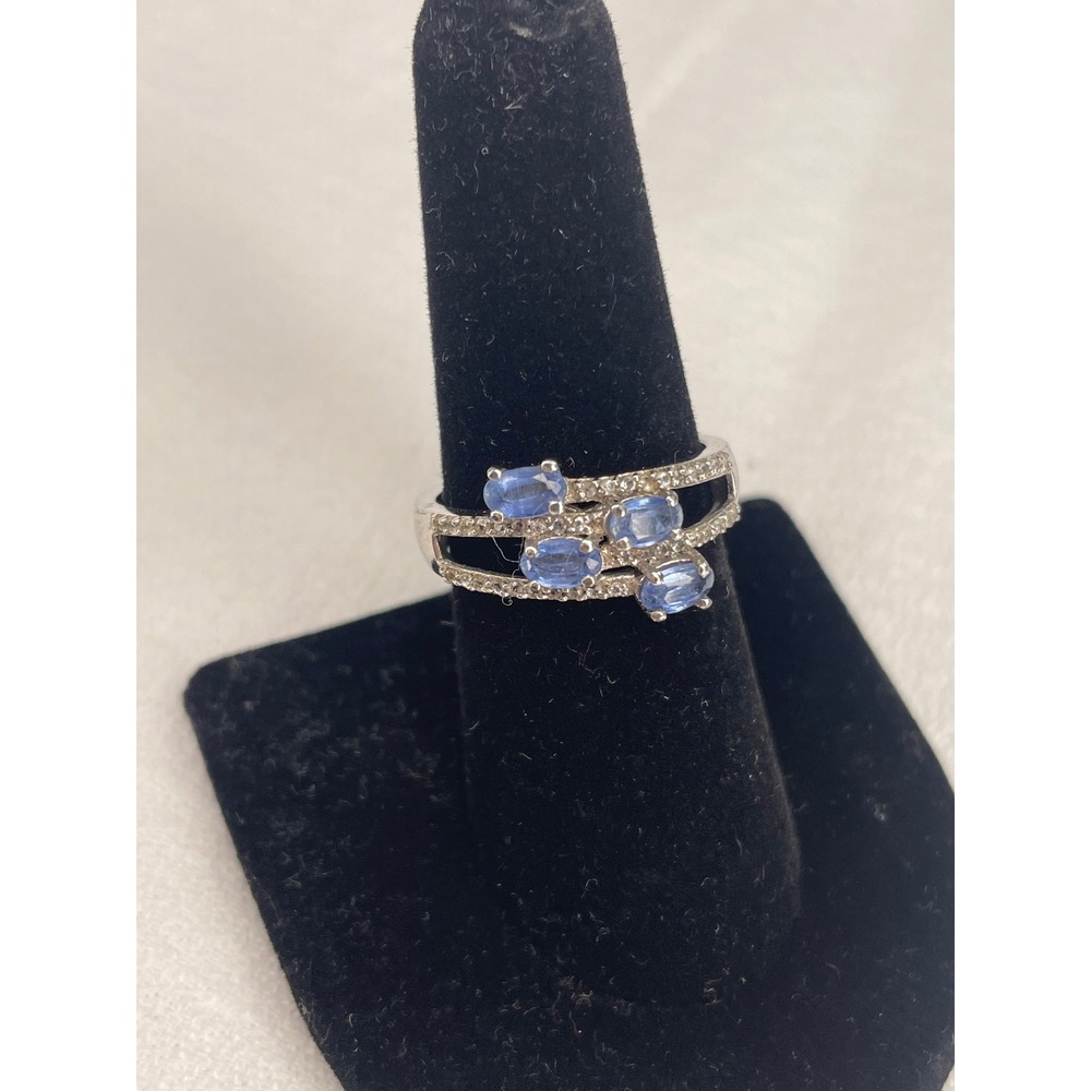 Sterling Silver 925 Multi Row Oval Blue Topaz Pavé Accent Ring Size 8.5